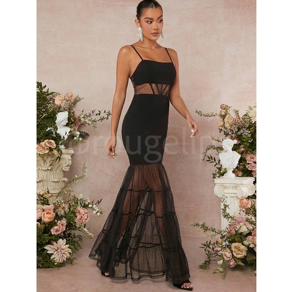 Black Lace Maxi Dress Sheer Details Flared Mermaid Skirt - Picture 3 of 8